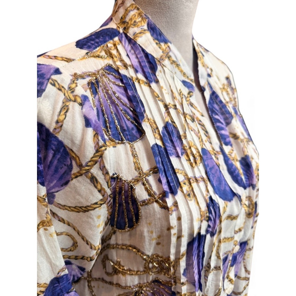 Ayfëe Florence Cotton Gauze Seashell Rope Print Tiered Bell Sleeve Dress M - Picture 2 of 11